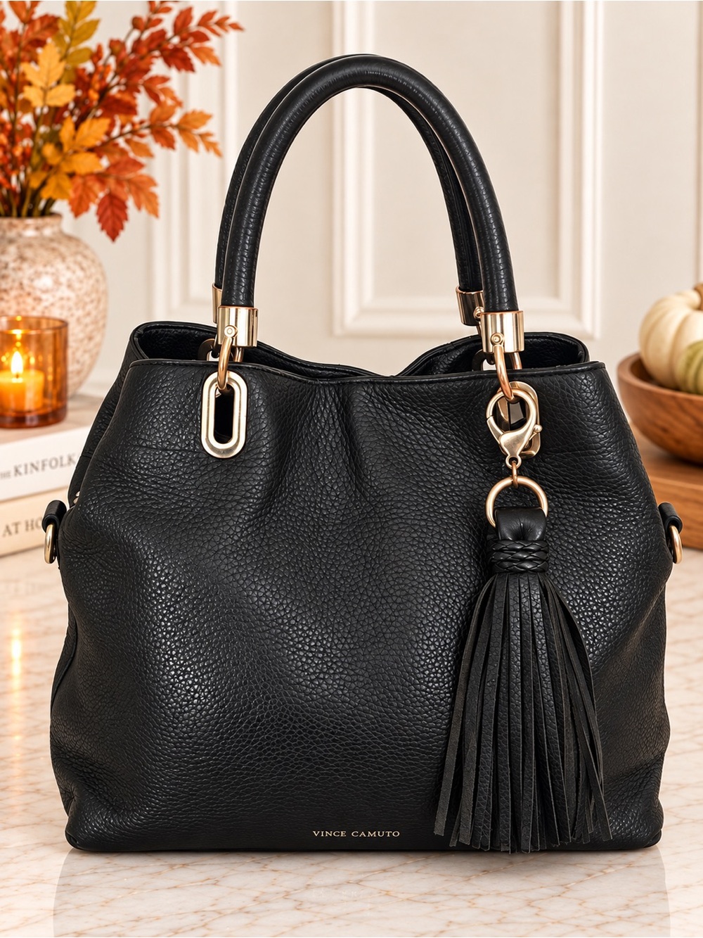 Vince Camuto Black Pebbled Leather Satchel with Tassel Charm